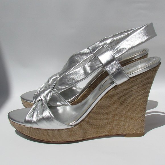 Charles David Notty SILVER SANDALS Platform Rattan Wedge Heel Slingback 9 M - Picture 6 of 8